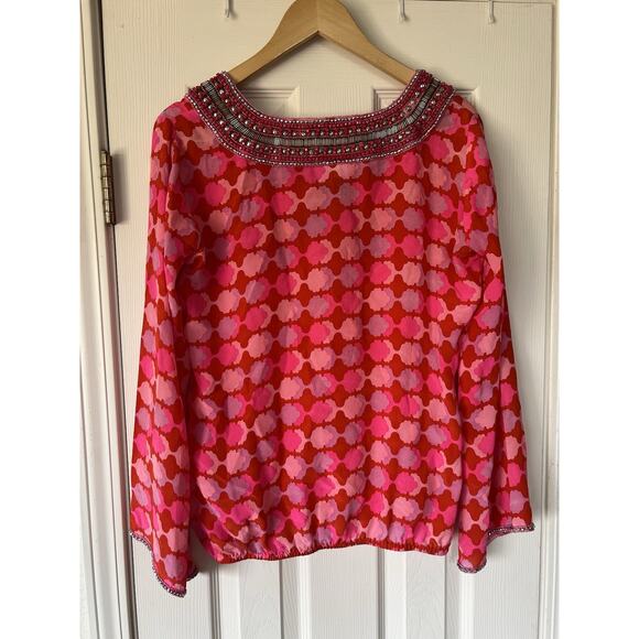 Taj by Sabrina Crippa Beaded Abstract Pink Silk Blouse Top Medium NWOT - Picture 6 of 12